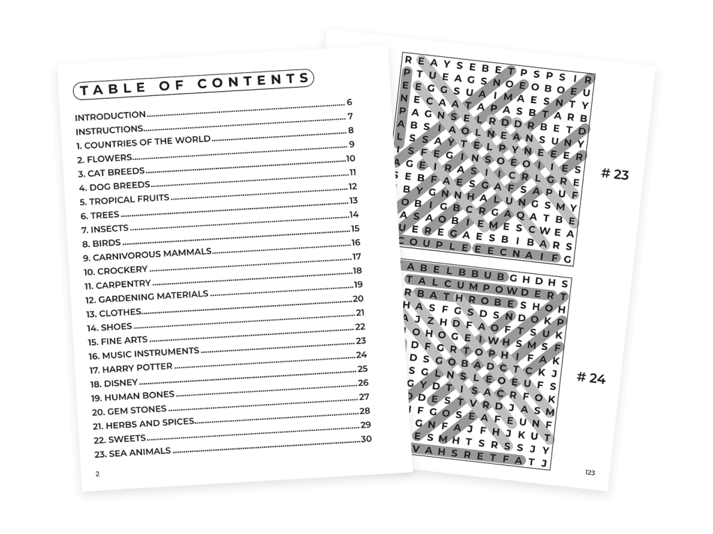 large print word search table of contents and solutions
